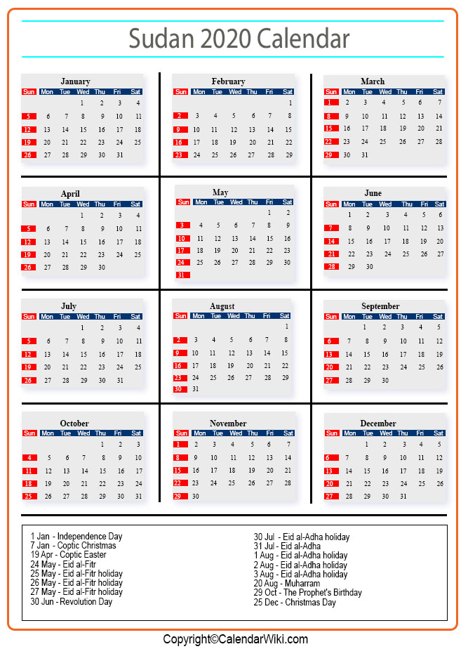Sudan Calendar 2020